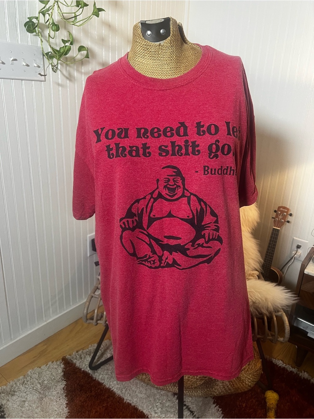Graphic Crewneck T-Shirt with Buddha Print - Red